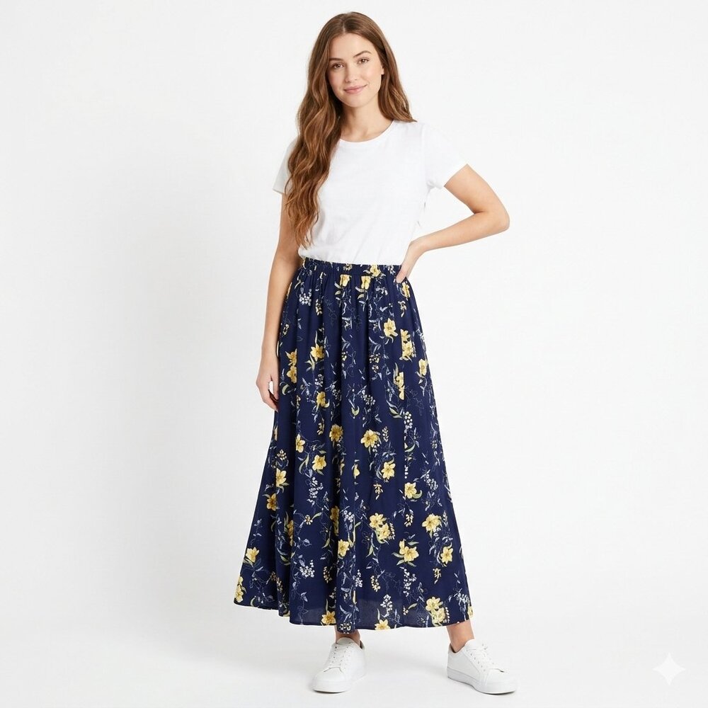 Vintage 90s Liz Baker Floral Maxi Skirt Petite Large PL Navy Yellow Cottagecore
